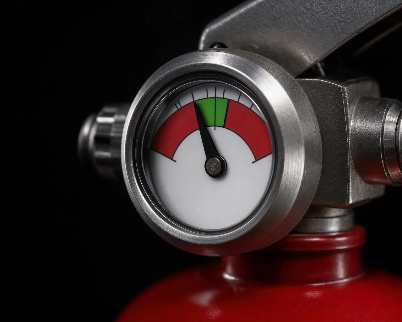 Manometer eines Feuerlöschers im grünen Bereich – Zeichen für einen geprüften, einsatzbereiten Löscher