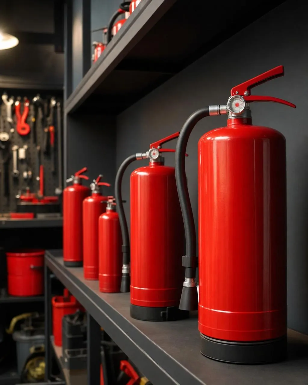 Gewartete Feuerlöscher aufgereiht in der Werkstatt von ProSafe Brandschutz